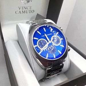 Vince Camuto Men's Watch Steel Blue Face Silver Case Working NIB!